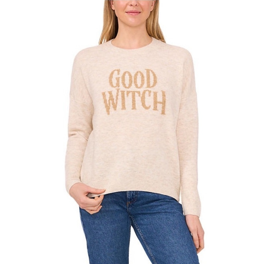 Vince Camuto ‘Good Witch’ NWT L/S Sweater Graphic Metallic Letters Heather Beige